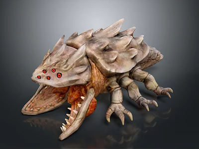 Fierce Spiked Shell Game Movie Character With Red Eyes Open Mouth And Sharp Teeth 3d model