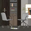 Modern Grey Office Chair with Wheels and Armrests in Interior with Bookshelf and Green Plant