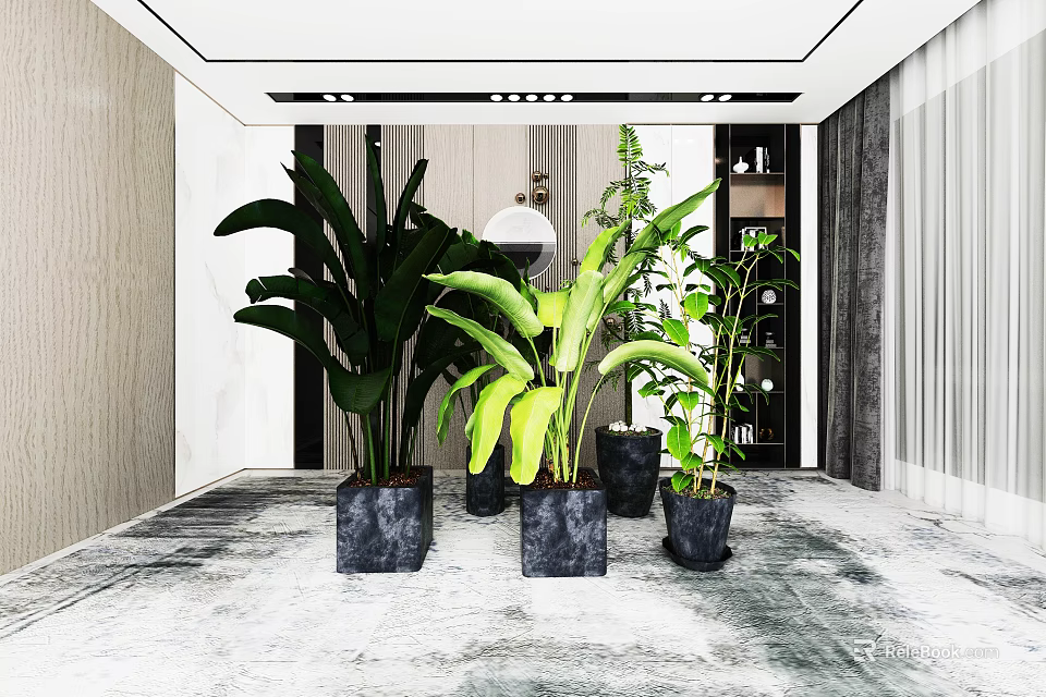 Modern Interior Decor With Multiple Potted Green Plants And Large Leaves 3d model