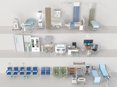 Medical Equipment Collection With Hospital Beds Examination Tables Chairs And Cabinets 3d model