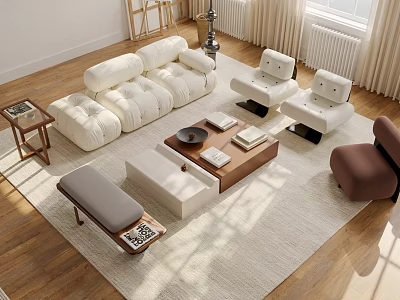 Modern White Upholstered Sofa Coffee Table Set With Wooden Top And Accent Chairs 3d model