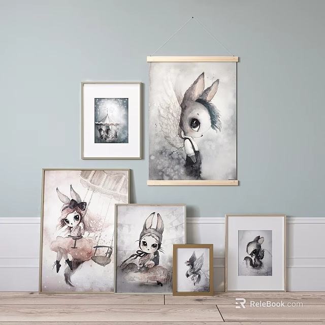 Multiple Picture Frames With Cute Animal Illustrations For Wall Decor 3d model