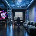 Modern Entertainment Room Interior With Starry Sky Ceiling Dark Walls Sofa And Gaming Chair