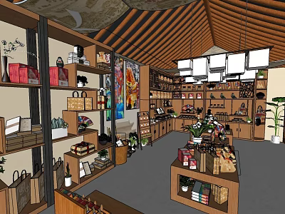 Elegant Specialty Store Interior With Display Shelves Assorted Goods And Hanging Lights 3d model