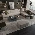 Beige L Shaped Sofa With Green Cushions And Glass Coffee Table Set On Rug