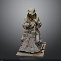 Architectural Sculpture of Construction Worker With Craft Tools and Wooden Base