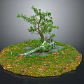Lush Green Plants And Tree With Grass Fallen Leaves Around Helicopter Wreckage