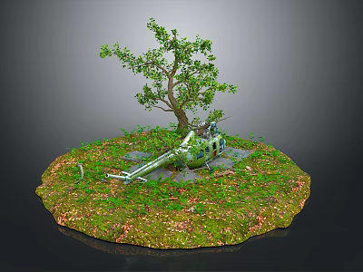 Lush Green Plants And Tree With Grass Fallen Leaves Around Helicopter Wreckage 3d model