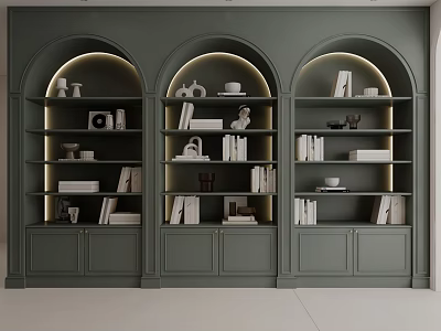 Elegant Green Bookcase With Arched Design And Shelves Of Books Decor Items And Sculptures 3d model