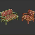 Traditional Sofa Set With Wooden Frame And Red Geometric Patterned Cushions For Living Room