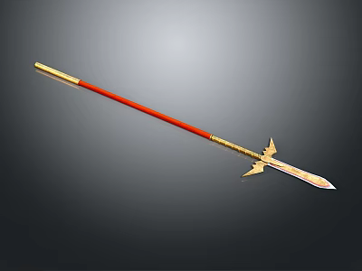 Traditional Decorative Spear With Red Shaft Golden Accents And Metal Spearhead 3d model