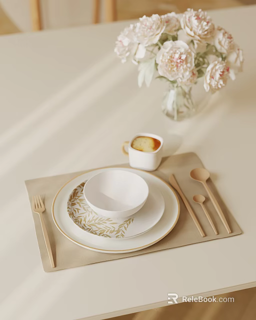 Minimalist White Ceramic Tableware Set With Bowl Plate Wooden Cutlery Placemat And Floral Vase 3d model 