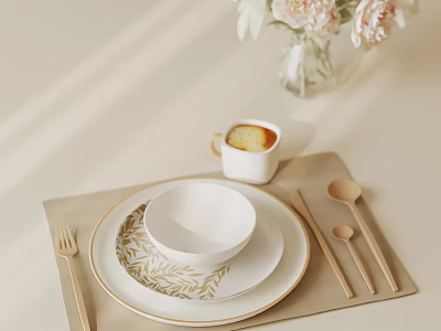 Minimalist White Ceramic Tableware Set With Bowl Plate Wooden Cutlery Placemat And Floral Vase 3d model