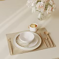 Minimalist White Ceramic Tableware Set With Bowl Plate Wooden Cutlery Placemat And Floral Vase