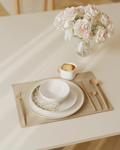 Minimalist White Ceramic Tableware Set With Bowl Plate Wooden Cutlery Placemat And Floral Vase 3d model