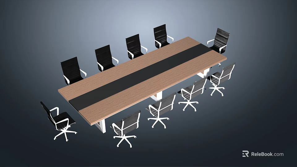 Modern Long Office Table with Dark Stripe and Black Wheeled Chairs 3d model 