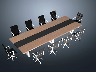 Modern Long Office Table with Dark Stripe and Black Wheeled Chairs 3d model