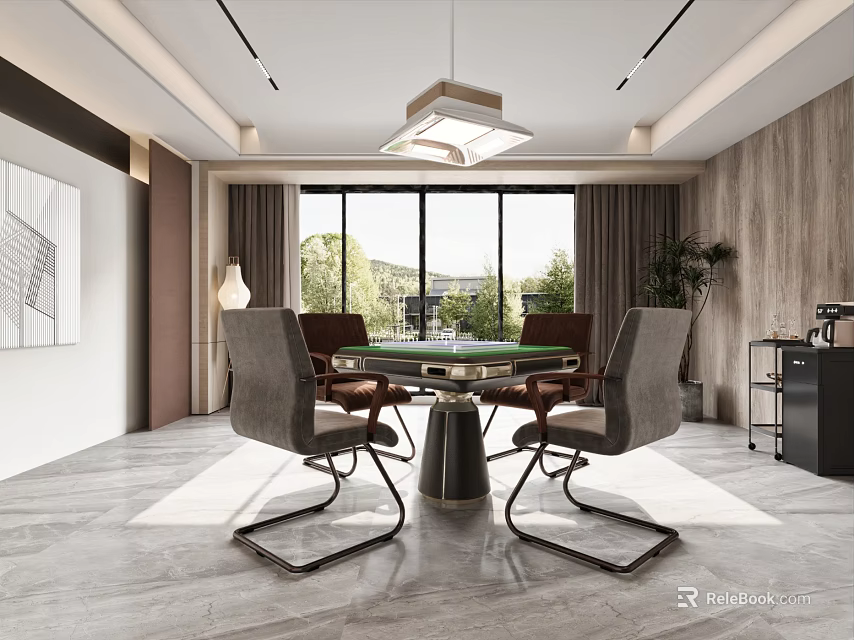 Modern Interior With Mahjong Table Chairs And Large Windows 3d model