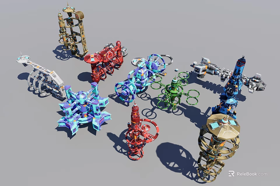 Colorful Mechanical Structures With Various Metallic Designs And Assorted Colored Shapes 3d model 