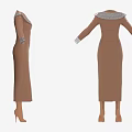 Brown Long Dress With Gray Collar And Cuffs Decoration Design