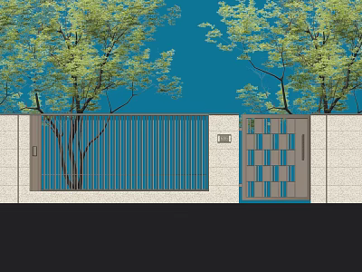 Modern Entrance Gate With Metal Fence Wall And Green Trees Under Blue Sky 3d model