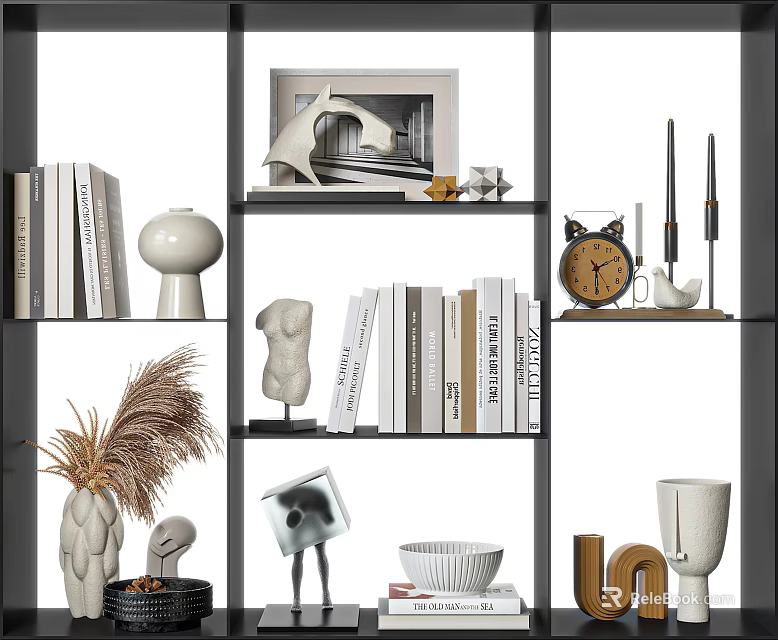 Elegant Decorative Ornament Combination With Books Sculpture Vase Clock Photo Frame And Pampas Grass 3d model 