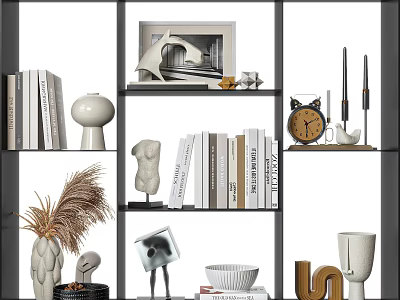 Elegant Decorative Ornament Combination With Books Sculpture Vase Clock Photo Frame And Pampas Grass 3d model