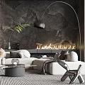 Modern Living Room Interior With Curved Chandelier Abstract Painting Fireplace Sofa Armchairs And Patterned Rug