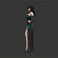 Elegant Woman In Green Off Shoulder High Slit Dress Standing With Black Gloves