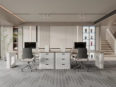 Modern Public Office Space With Workstations Ergonomic Chairs Bookshelves And Green Plants 3d model