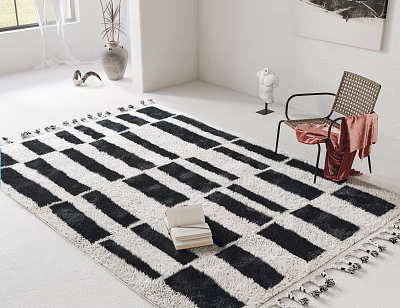 Square Rug With Black White Geometric Pattern And Fringes In Minimalist Living Room 3d model