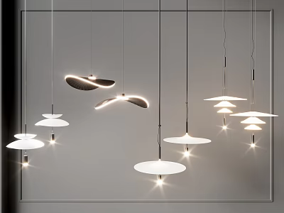 Modern Chandeliers With Unique Shapes And Soft Glow Hanging In Interior Space Ceiling 3d model