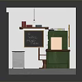 Green Desk Filing Cabinet in Compact Office with Wooden Chair Chalkboard Bulletin Board and Computer