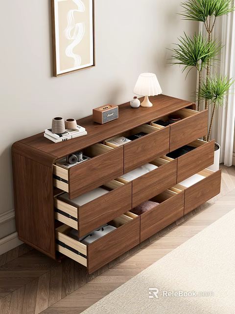 Wooden Dresser With Open Drawers Table Lamp Books Camera And Potted Plant 3d model 
