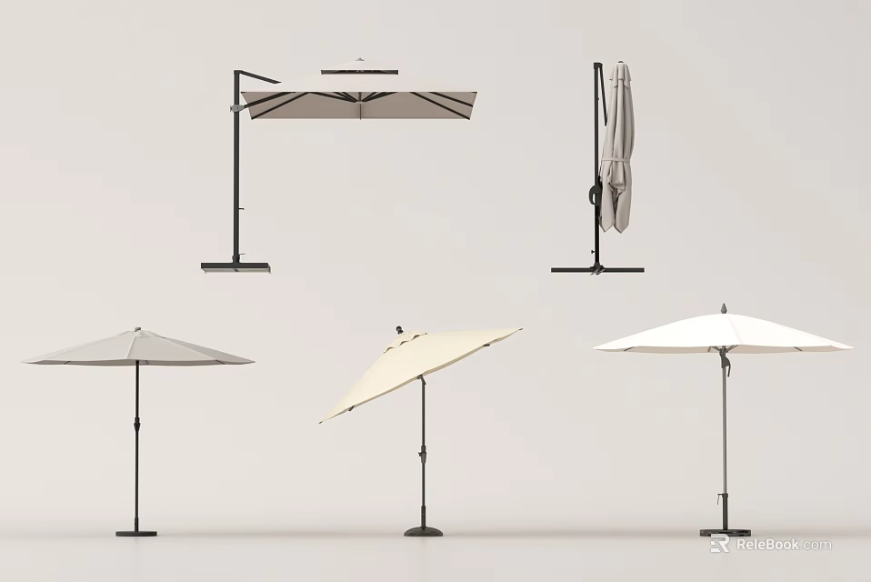 Various Styles of Patio Umbrella with Metal Stands and Neutral Color Designs 3d model 