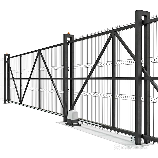 Modern Black Automatic Entrance Gate With Metal Frame And Decorative Railings 3d model 