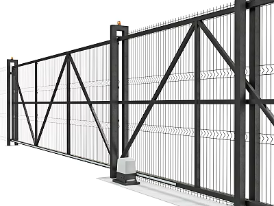 Modern Black Automatic Entrance Gate With Metal Frame And Decorative Railings 3d model