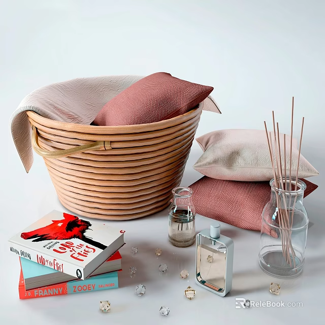 Woven Storage Basket with Pink Beige Pillows beside Books Scented Sticks Fragrance Bottles Small Decor 3d model 