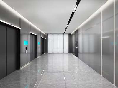 Modern Spacious Elevator Lobby Interior With Sleek Dark Doors Polished Marble Floor Recessed Linear Lighting 3d model