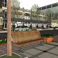 Vibrant Commercial Street With Shops Awnings Pedestrians Benches Trash Cans And Flower Pots