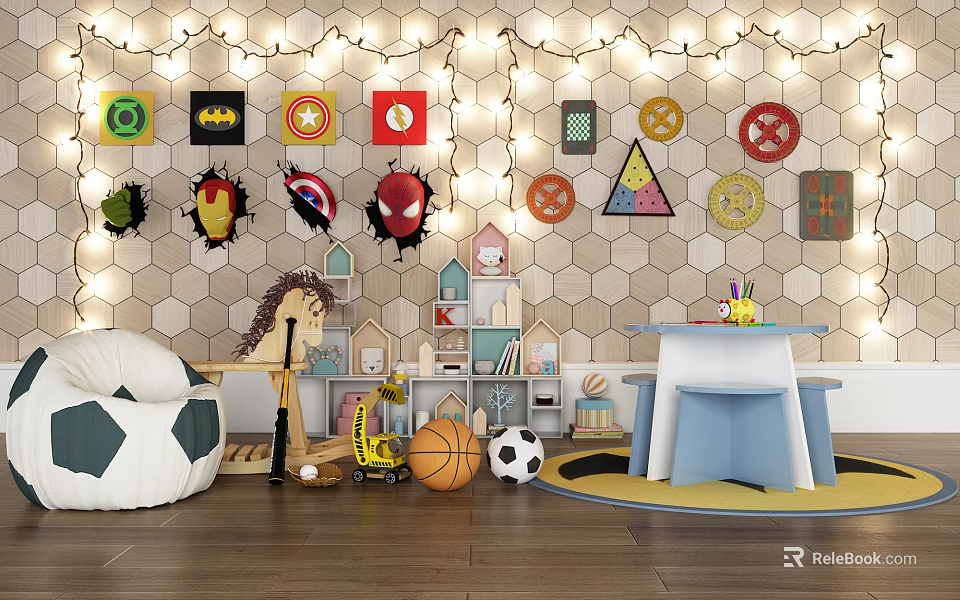 Kids Room Featuring Doll Colorful Icon Wall Decor Toys Balls Small Table and Bookshelf 3d model 