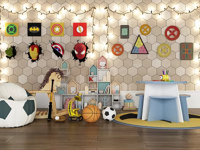 Kids Room Featuring Doll Colorful Icon Wall Decor Toys Balls Small Table and Bookshelf 3d model
