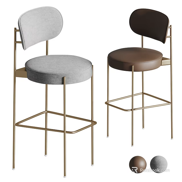 Modern Upholstered Bar Stools With Golden Metal Frame And Curved Backrest Design 3d model 