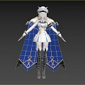 Anime Style Character In White Blue Outfit With Cloak Hat And Weapons