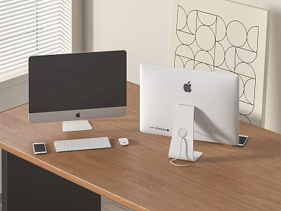 Apple iMac Desktop Front Back View With Keyboard Mouse Smartphone On Wooden Office Desk 3d model