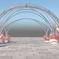 Commercial Street Featuring Arched Metal Structure Pink Decorations White Planters And Gray Floor Tiles