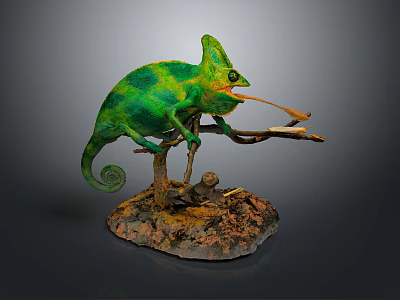 Green Chameleon Figure On Branch With Extended Tongue And Natural Textured Base 3d model