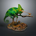 Green Chameleon Figure On Branch With Extended Tongue And Natural Textured Base