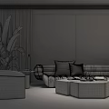 Modern Sofa Coffee Table Combination with Large Windows Forest View Sunlight Green Plants and Rug