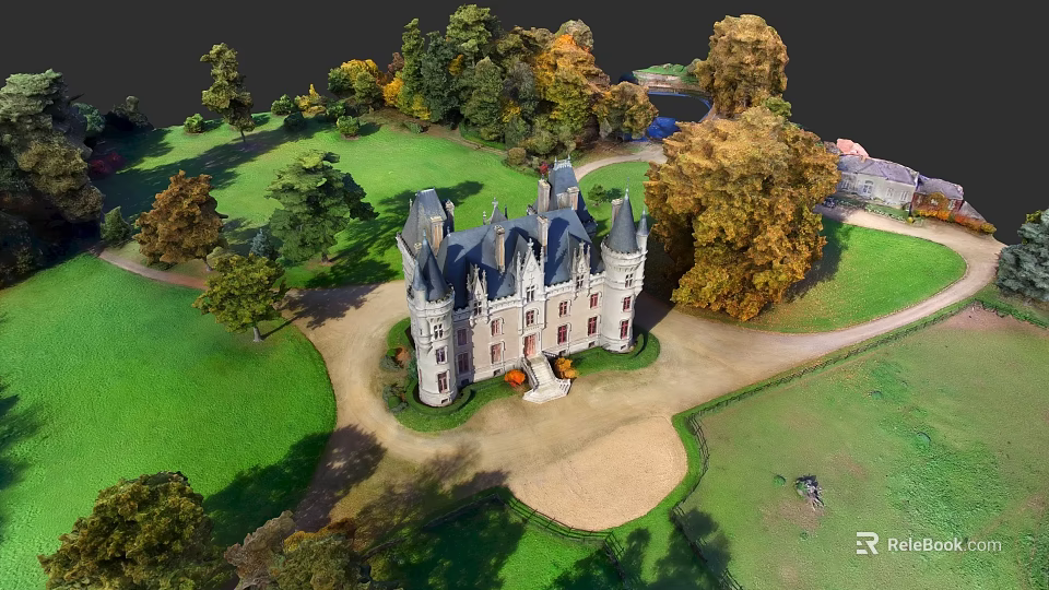Aerial View Of Urban Architectural Complex With Castle Like Building Green Lawns And Trees 3d model 